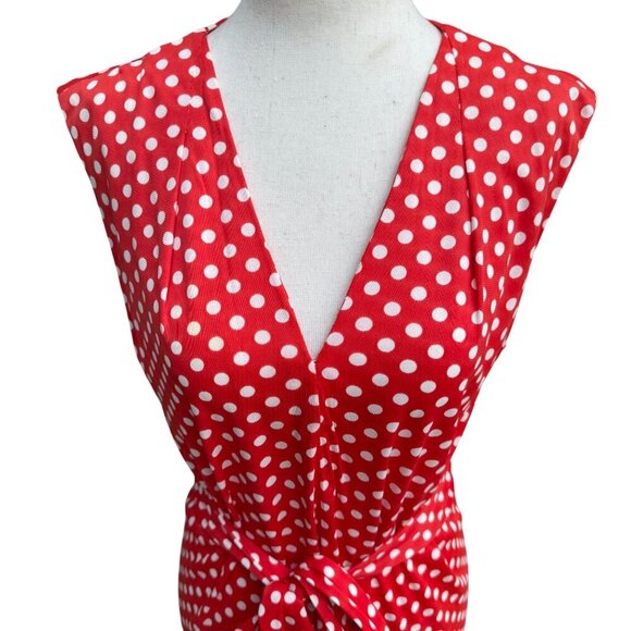 Vintage Womens Red & White Polka Dot V Neck Tie Waist Sleeveless Midi Dress - Picture 5 of 11